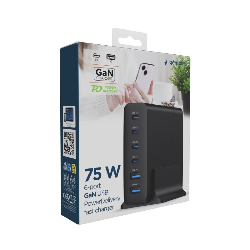 6-port 75 W GaN USB fast charger